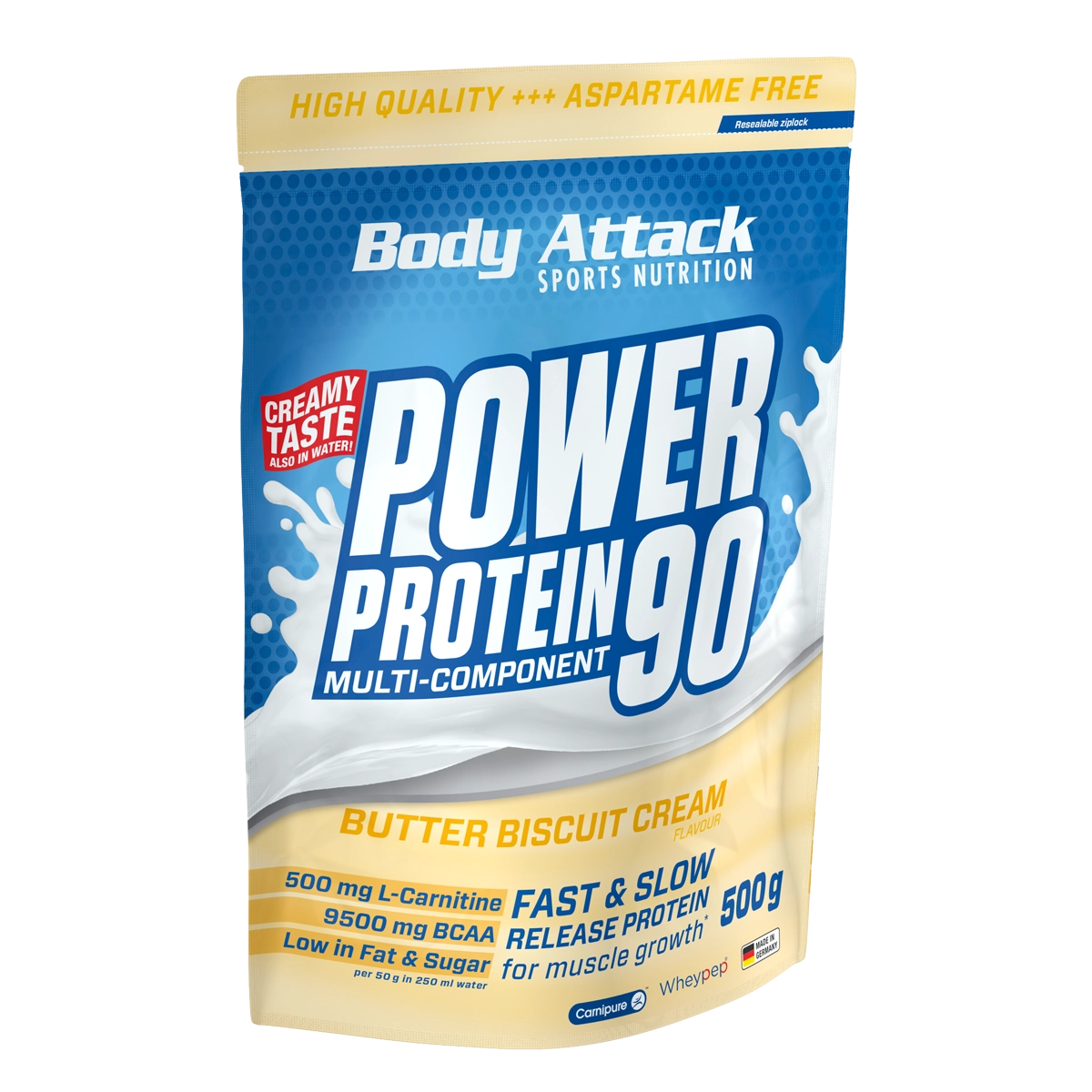 Eine Packung Power Protein 90 Butter Buiscuit Cream 500g
