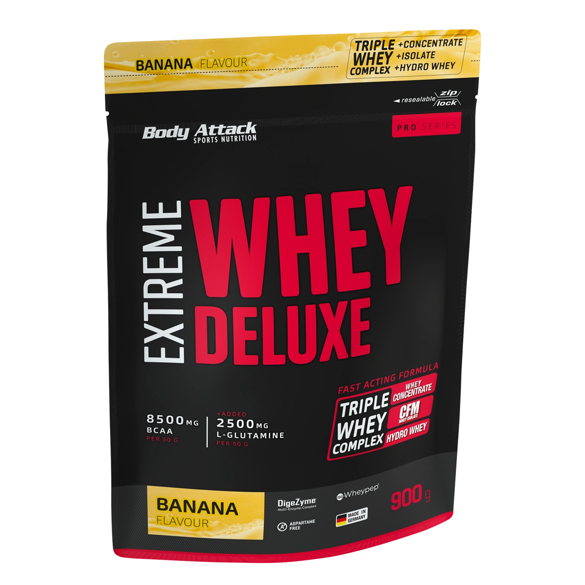 Eine Packung Extreme Whey Deluxe Banana 900g
