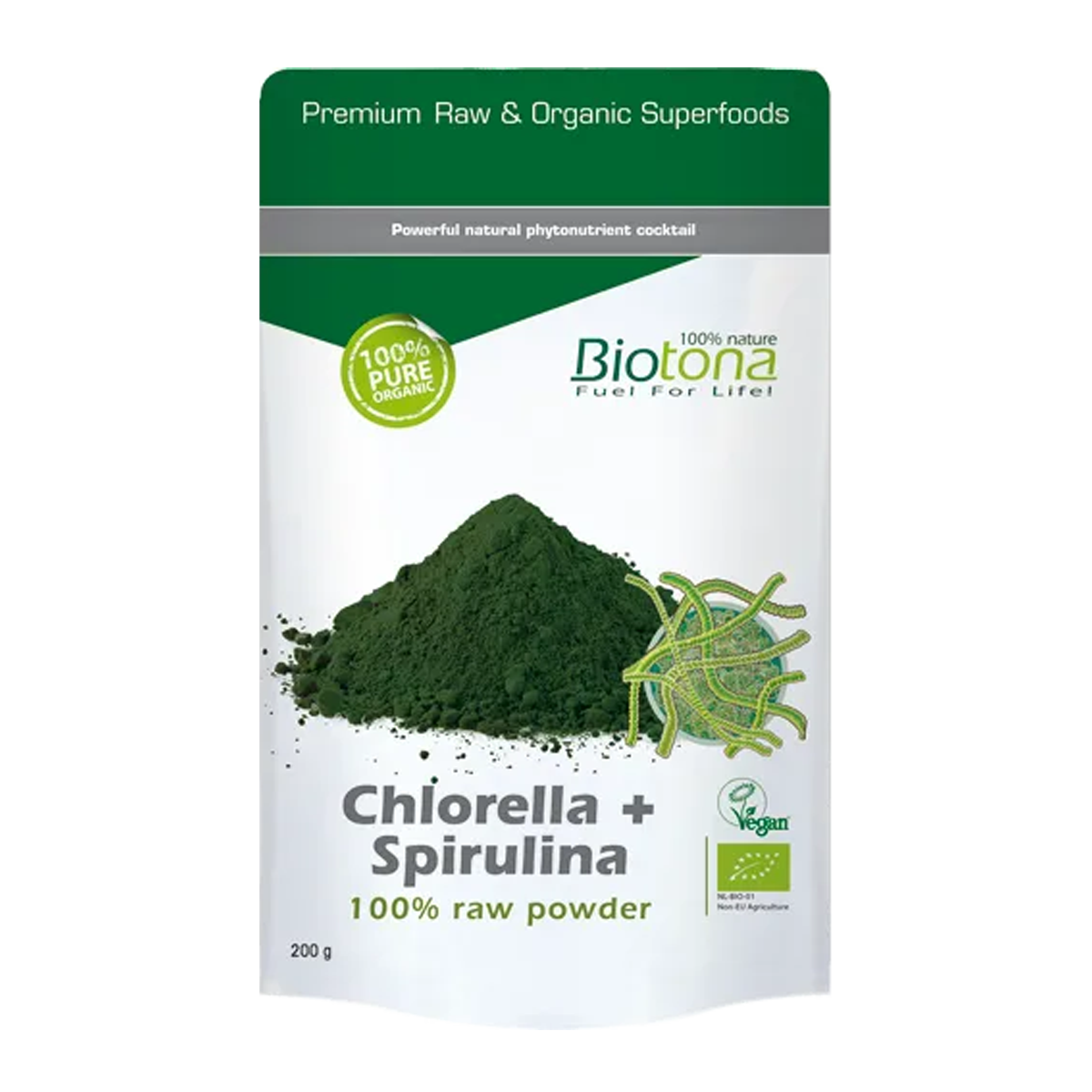 Eine Packung Biotona Chlorella + Spirulina 100% raw powder
