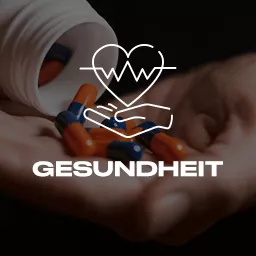 Hand mit Pillen die aus der Dose kommen im Vordergrund die Aufschrift Gesundheit