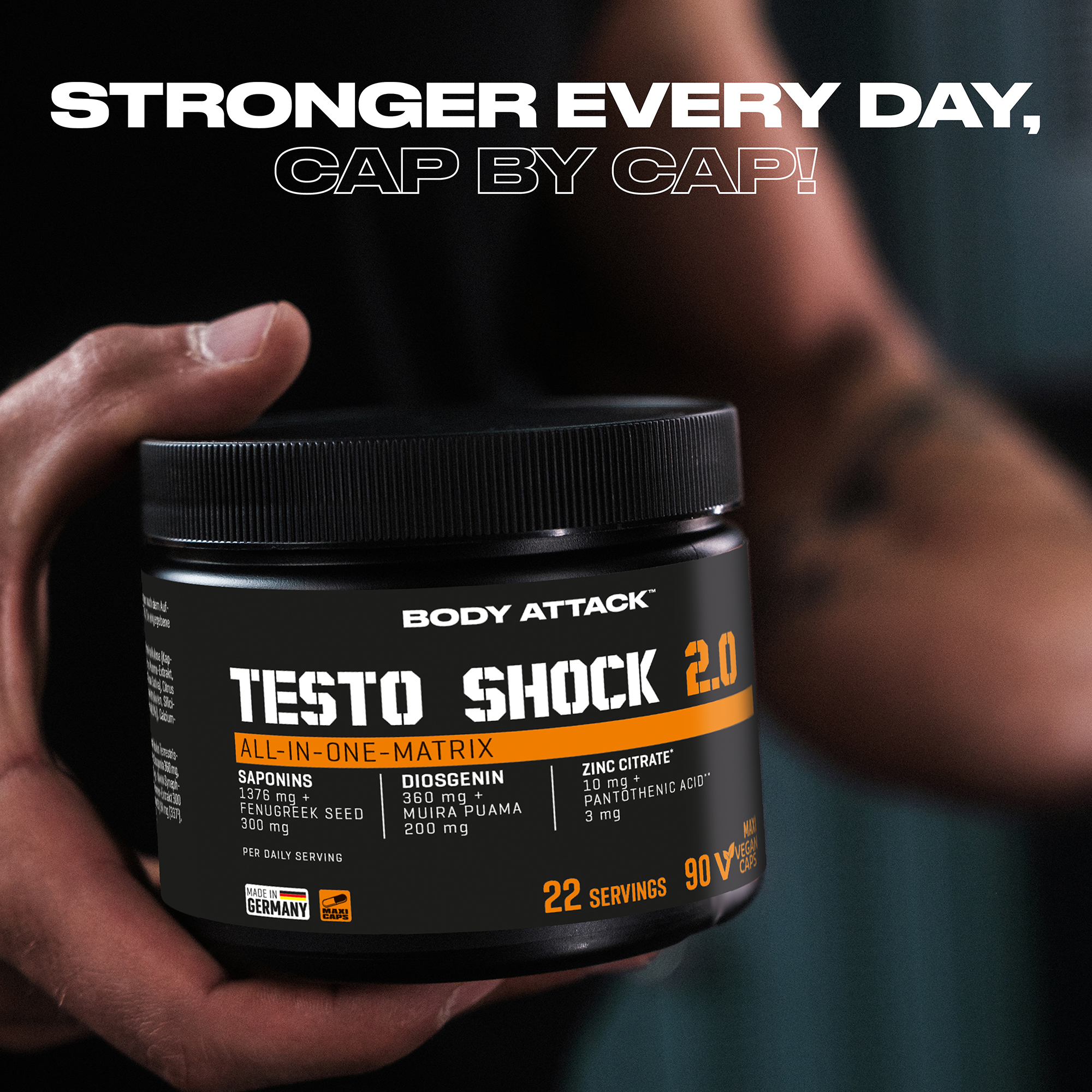 Eine Testo Shock 2.0 Dose wird in der Hand gehalten